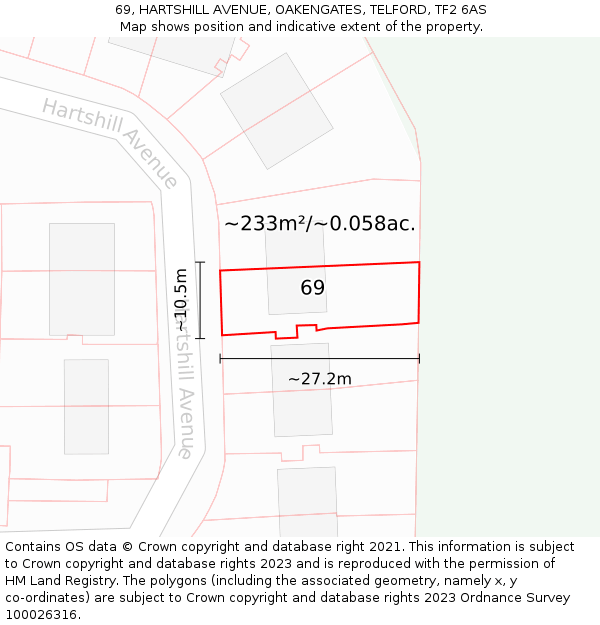 69, HARTSHILL AVENUE, OAKENGATES, TELFORD, TF2 6AS: Plot and title map