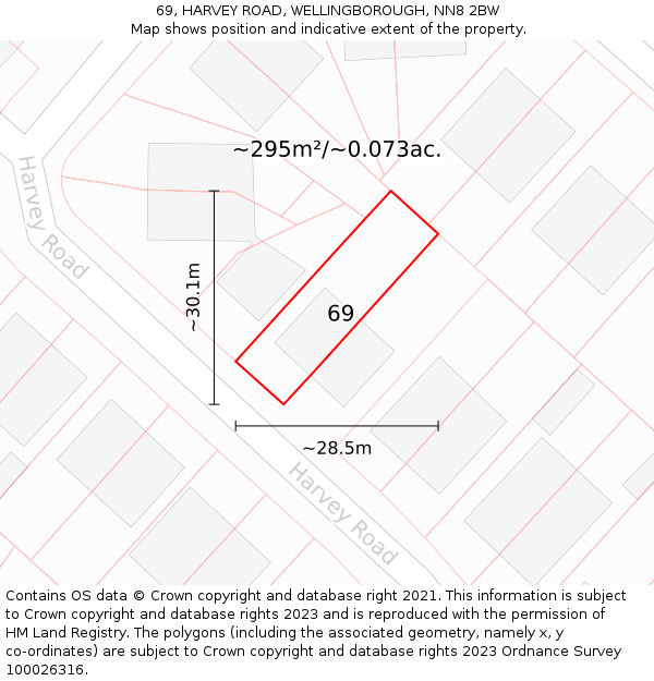 69, HARVEY ROAD, WELLINGBOROUGH, NN8 2BW: Plot and title map