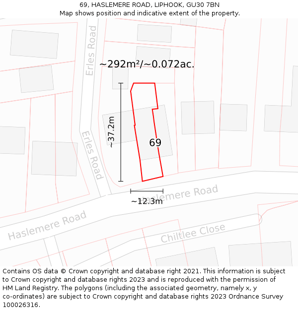 69, HASLEMERE ROAD, LIPHOOK, GU30 7BN: Plot and title map