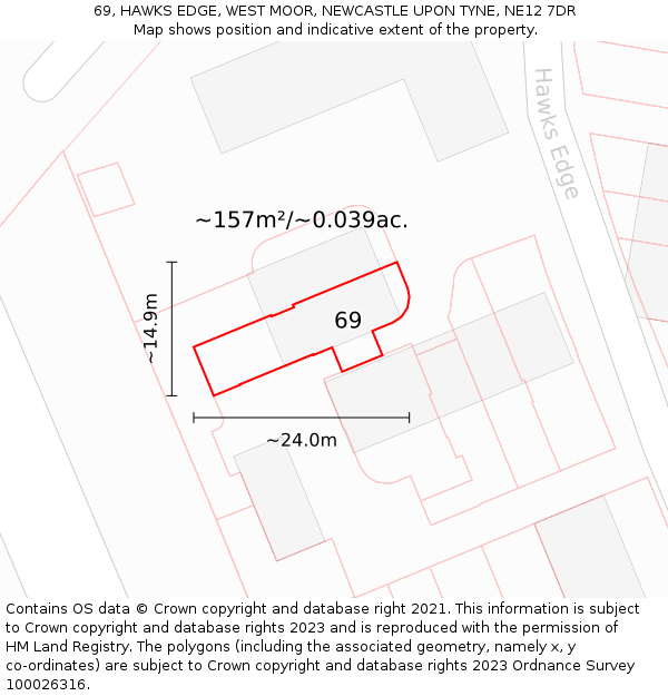 69, HAWKS EDGE, WEST MOOR, NEWCASTLE UPON TYNE, NE12 7DR: Plot and title map