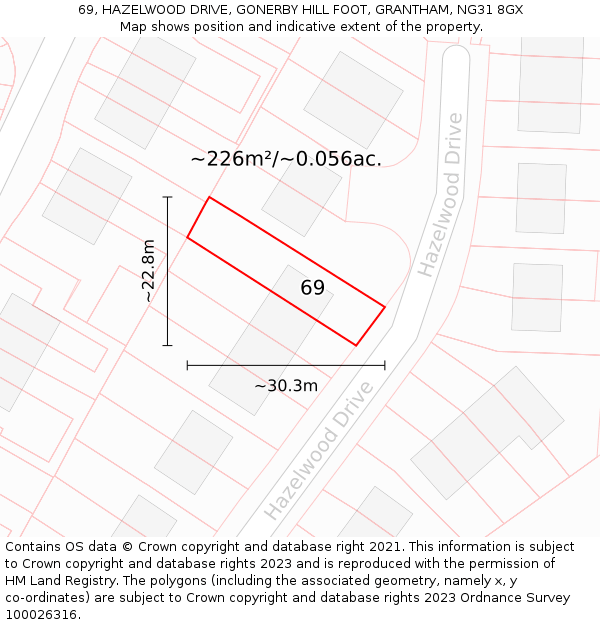 69, HAZELWOOD DRIVE, GONERBY HILL FOOT, GRANTHAM, NG31 8GX: Plot and title map