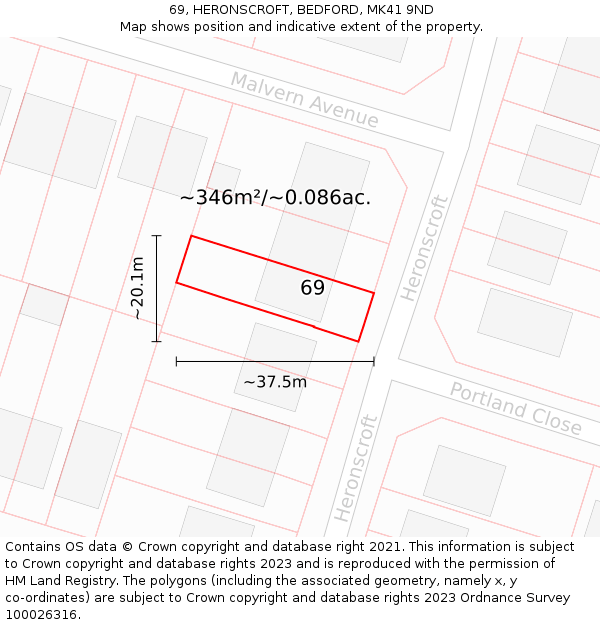 69, HERONSCROFT, BEDFORD, MK41 9ND: Plot and title map