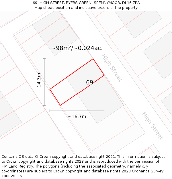 69, HIGH STREET, BYERS GREEN, SPENNYMOOR, DL16 7PA: Plot and title map