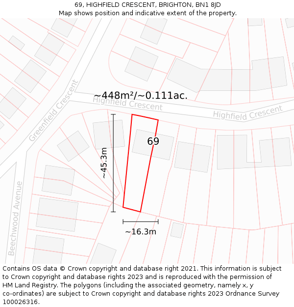 69, HIGHFIELD CRESCENT, BRIGHTON, BN1 8JD: Plot and title map