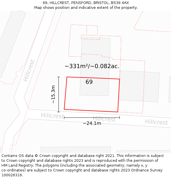 69, HILLCREST, PENSFORD, BRISTOL, BS39 4AX: Plot and title map