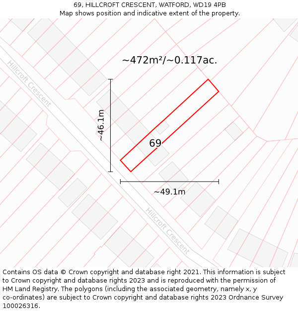 69, HILLCROFT CRESCENT, WATFORD, WD19 4PB: Plot and title map