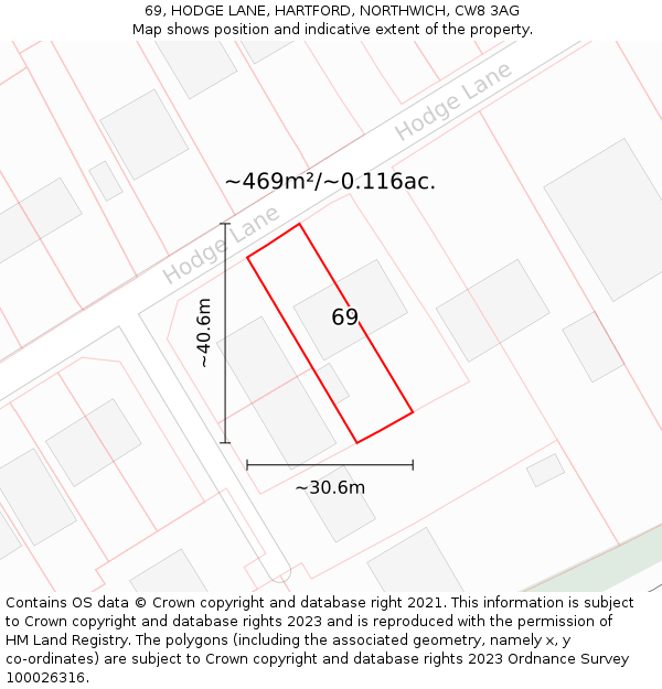 69, HODGE LANE, HARTFORD, NORTHWICH, CW8 3AG: Plot and title map