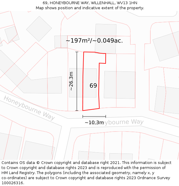 69, HONEYBOURNE WAY, WILLENHALL, WV13 1HN: Plot and title map