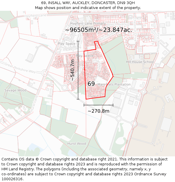 69, INSALL WAY, AUCKLEY, DONCASTER, DN9 3QH: Plot and title map