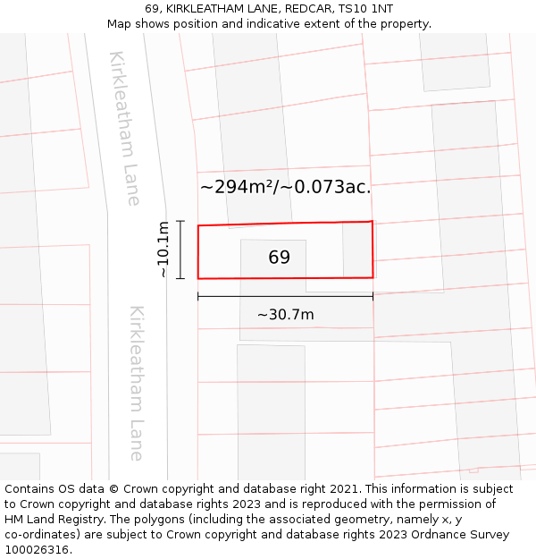 69, KIRKLEATHAM LANE, REDCAR, TS10 1NT: Plot and title map