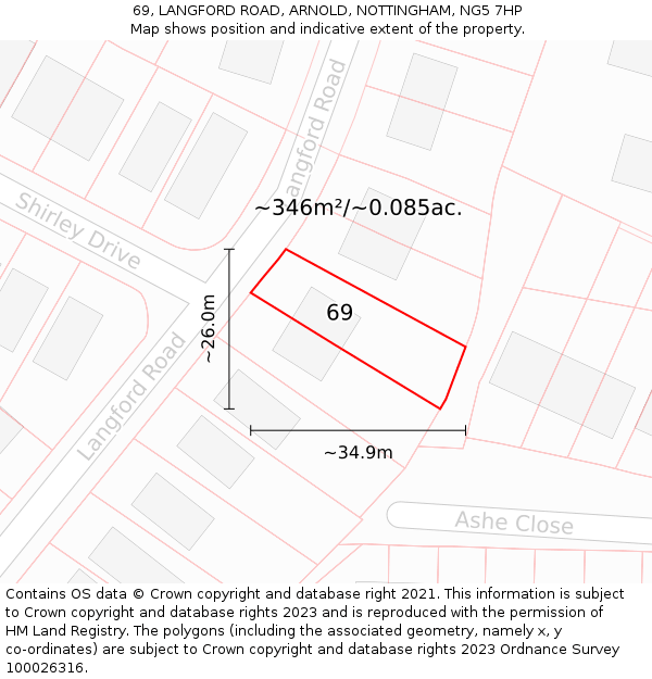 69, LANGFORD ROAD, ARNOLD, NOTTINGHAM, NG5 7HP: Plot and title map