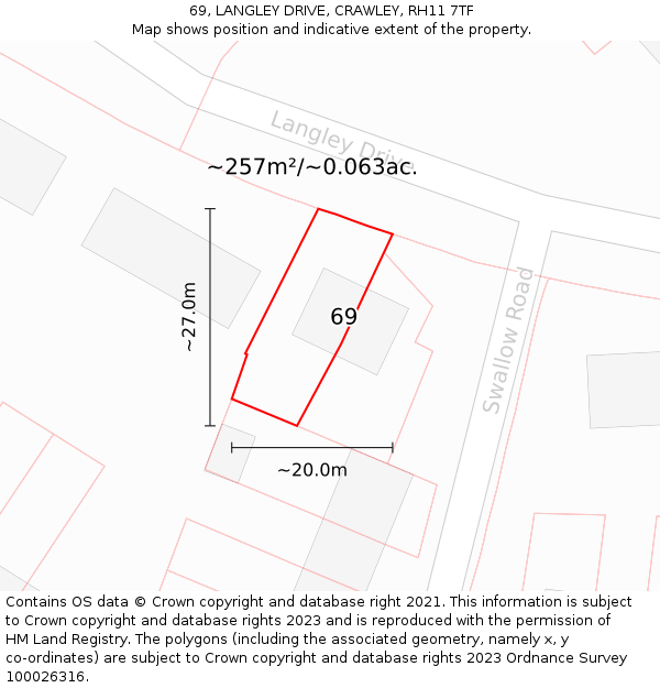 69, LANGLEY DRIVE, CRAWLEY, RH11 7TF: Plot and title map