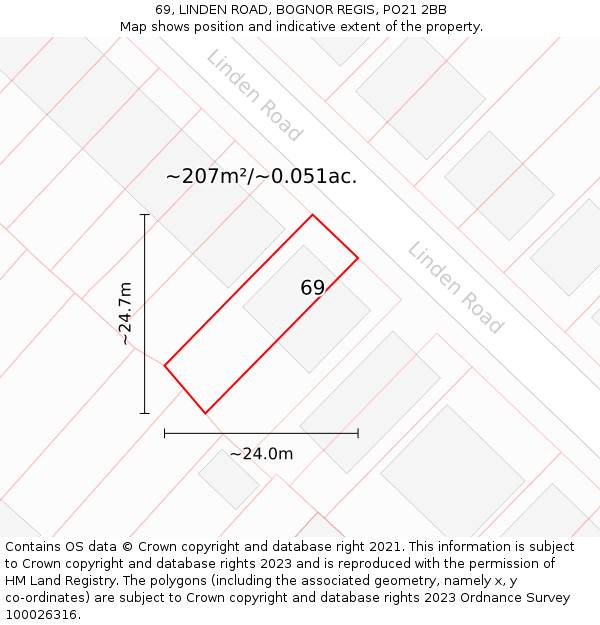 69, LINDEN ROAD, BOGNOR REGIS, PO21 2BB: Plot and title map