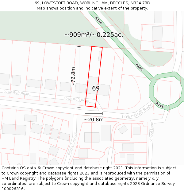 69, LOWESTOFT ROAD, WORLINGHAM, BECCLES, NR34 7RD: Plot and title map