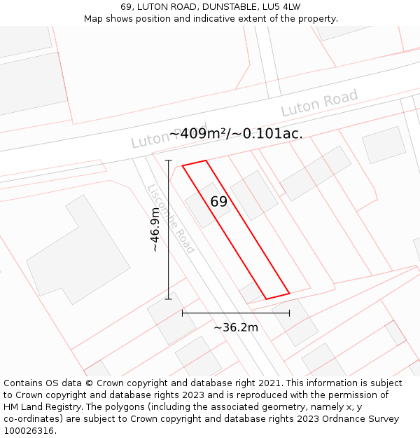 69, LUTON ROAD, DUNSTABLE, LU5 4LW: Plot and title map