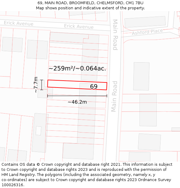 69, MAIN ROAD, BROOMFIELD, CHELMSFORD, CM1 7BU: Plot and title map