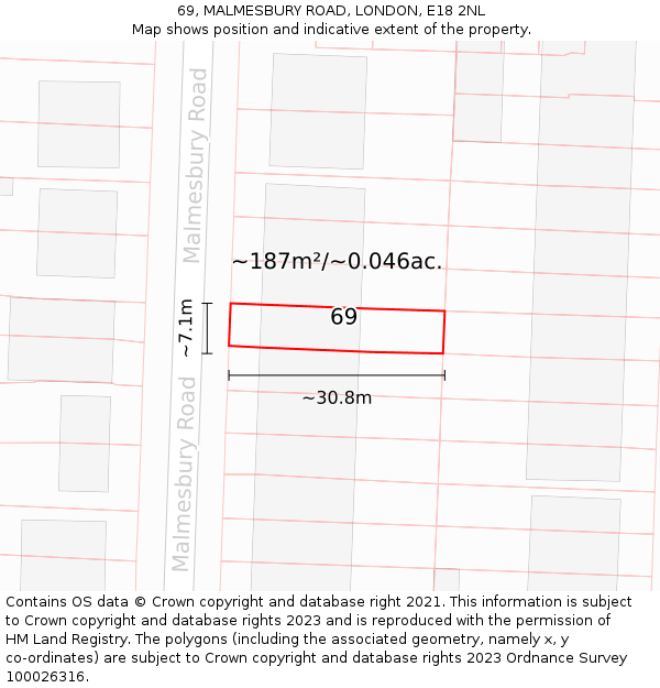 69, MALMESBURY ROAD, LONDON, E18 2NL: Plot and title map