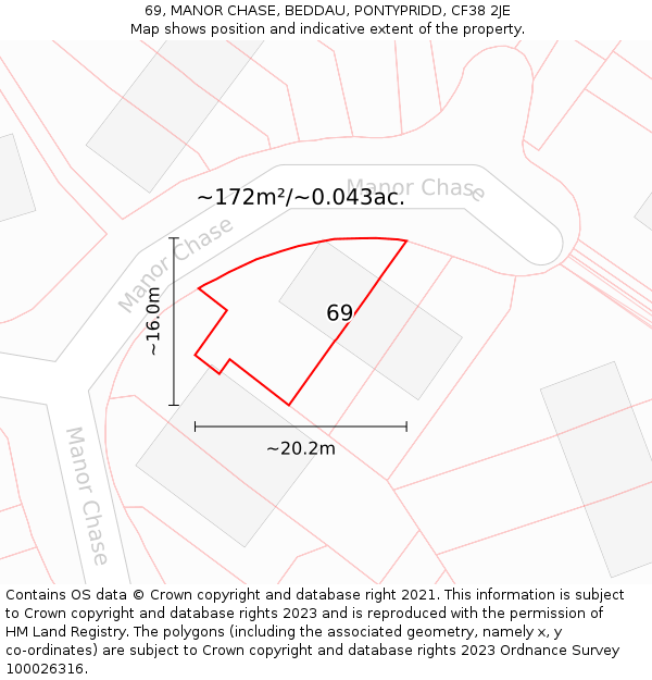 69, MANOR CHASE, BEDDAU, PONTYPRIDD, CF38 2JE: Plot and title map