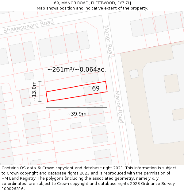 69, MANOR ROAD, FLEETWOOD, FY7 7LJ: Plot and title map