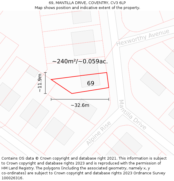 69, MANTILLA DRIVE, COVENTRY, CV3 6LP: Plot and title map