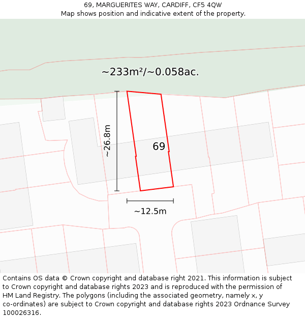 69, MARGUERITES WAY, CARDIFF, CF5 4QW: Plot and title map