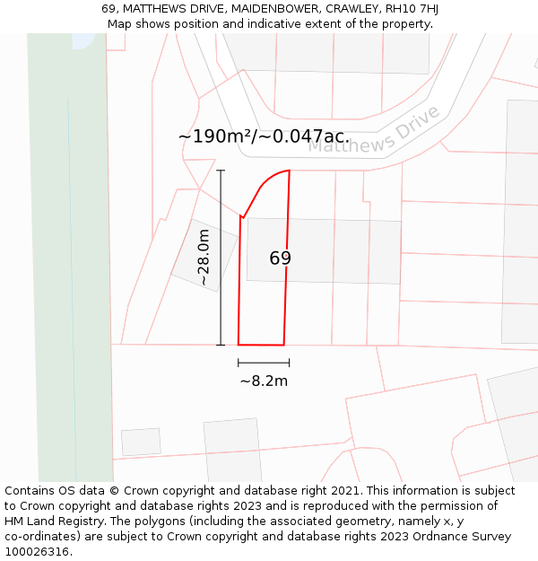 69, MATTHEWS DRIVE, MAIDENBOWER, CRAWLEY, RH10 7HJ: Plot and title map