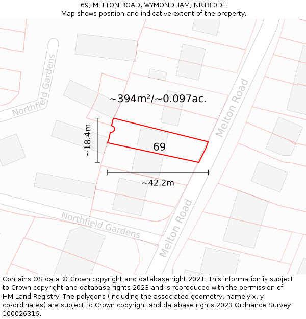 69, MELTON ROAD, WYMONDHAM, NR18 0DE: Plot and title map