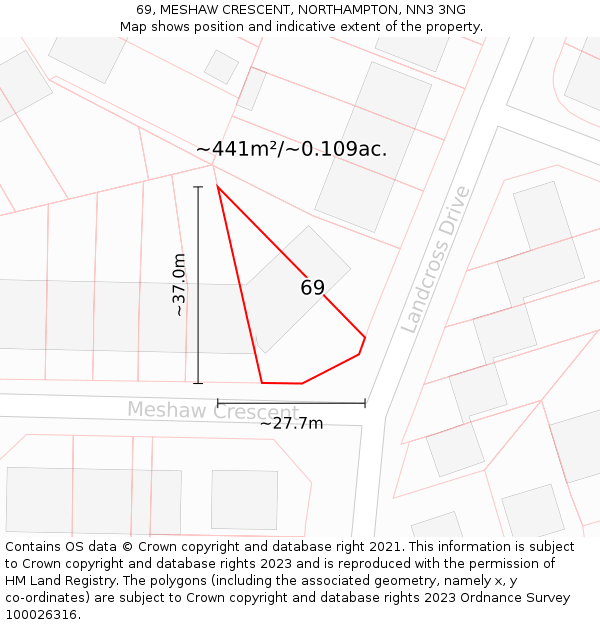 69, MESHAW CRESCENT, NORTHAMPTON, NN3 3NG: Plot and title map