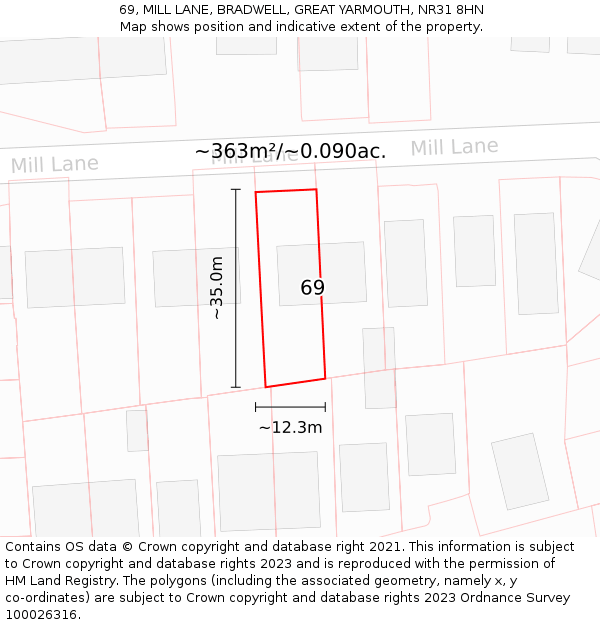 69, MILL LANE, BRADWELL, GREAT YARMOUTH, NR31 8HN: Plot and title map
