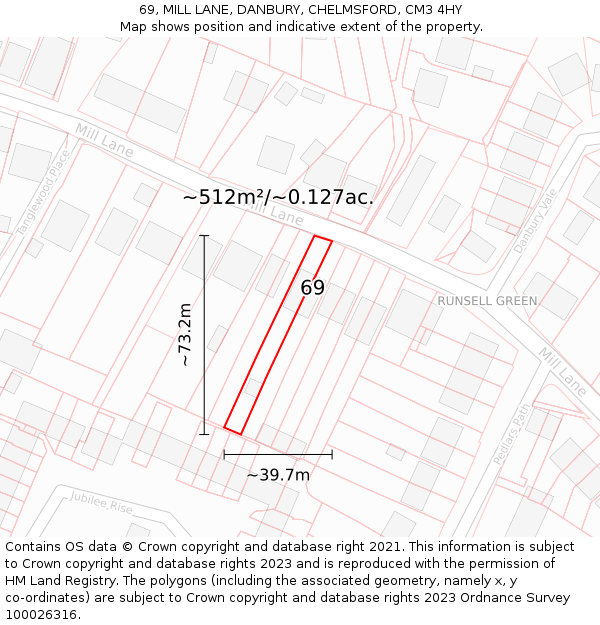 69, MILL LANE, DANBURY, CHELMSFORD, CM3 4HY: Plot and title map