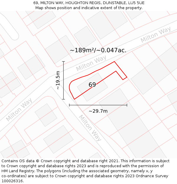 69, MILTON WAY, HOUGHTON REGIS, DUNSTABLE, LU5 5UE: Plot and title map