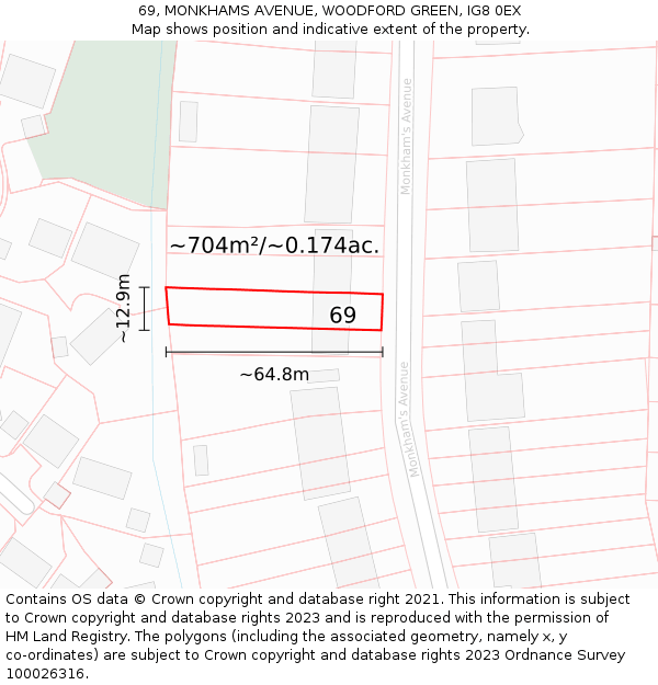 69, MONKHAMS AVENUE, WOODFORD GREEN, IG8 0EX: Plot and title map