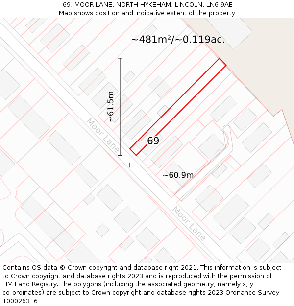 69, MOOR LANE, NORTH HYKEHAM, LINCOLN, LN6 9AE: Plot and title map