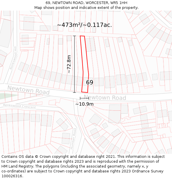 69, NEWTOWN ROAD, WORCESTER, WR5 1HH: Plot and title map