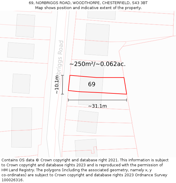 69, NORBRIGGS ROAD, WOODTHORPE, CHESTERFIELD, S43 3BT: Plot and title map