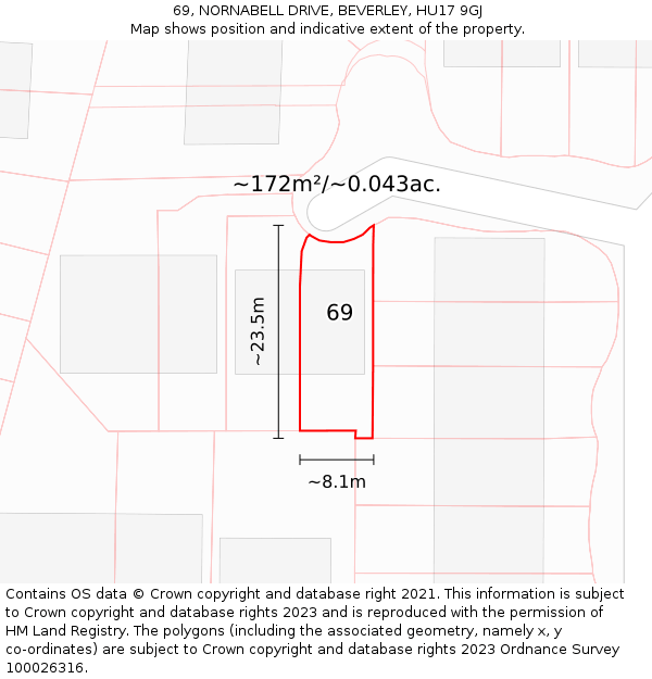 69, NORNABELL DRIVE, BEVERLEY, HU17 9GJ: Plot and title map