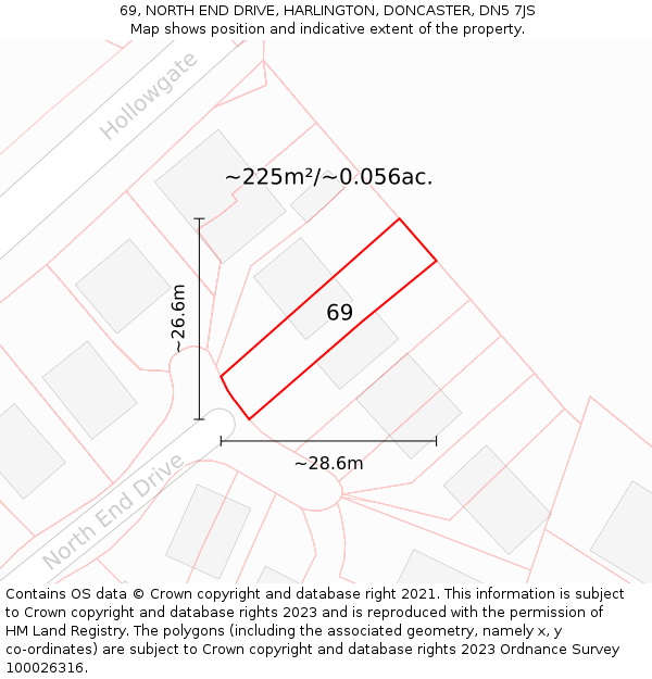 69, NORTH END DRIVE, HARLINGTON, DONCASTER, DN5 7JS: Plot and title map