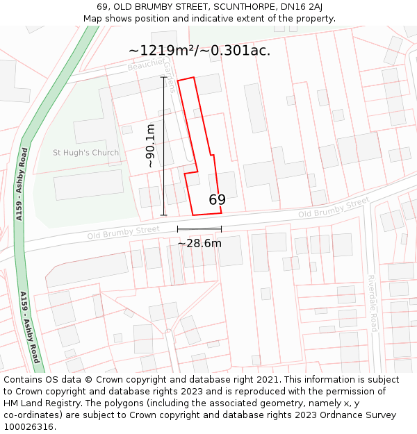 69, OLD BRUMBY STREET, SCUNTHORPE, DN16 2AJ: Plot and title map