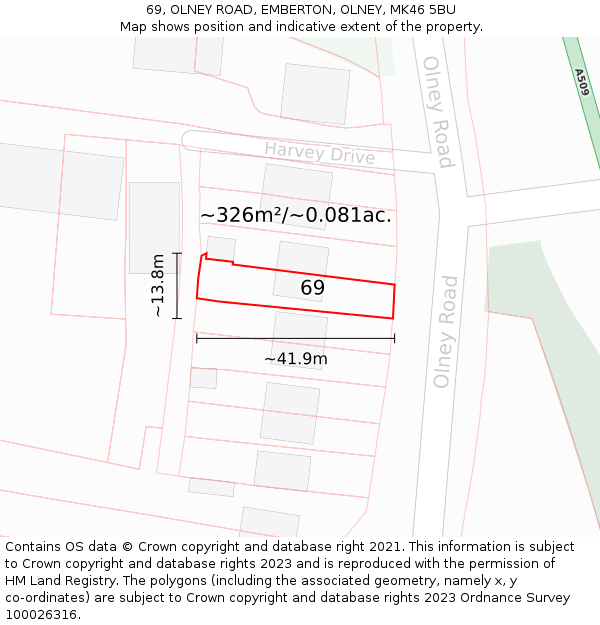 69, OLNEY ROAD, EMBERTON, OLNEY, MK46 5BU: Plot and title map