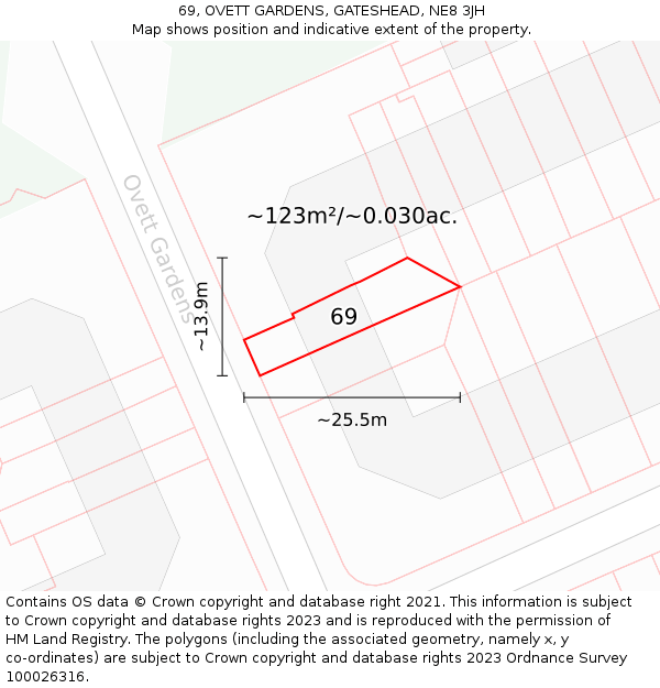 69, OVETT GARDENS, GATESHEAD, NE8 3JH: Plot and title map