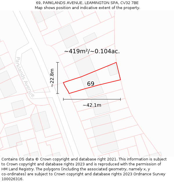 69, PARKLANDS AVENUE, LEAMINGTON SPA, CV32 7BE: Plot and title map