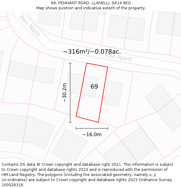 69, PENNANT ROAD, LLANELLI, SA14 8EG: Plot and title map