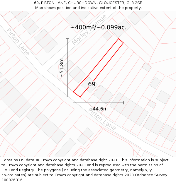 69, PIRTON LANE, CHURCHDOWN, GLOUCESTER, GL3 2SB: Plot and title map