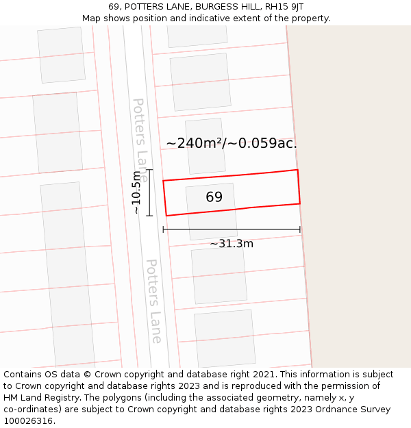 69, POTTERS LANE, BURGESS HILL, RH15 9JT: Plot and title map