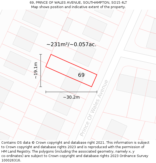 69, PRINCE OF WALES AVENUE, SOUTHAMPTON, SO15 4LT: Plot and title map