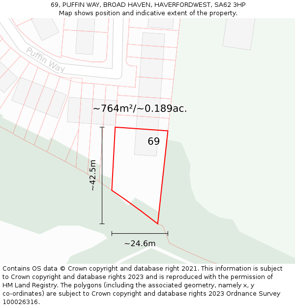 69, PUFFIN WAY, BROAD HAVEN, HAVERFORDWEST, SA62 3HP: Plot and title map