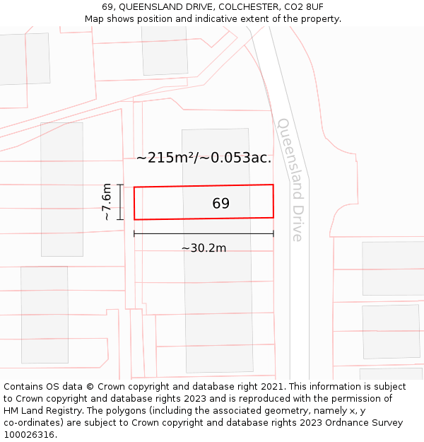 69, QUEENSLAND DRIVE, COLCHESTER, CO2 8UF: Plot and title map