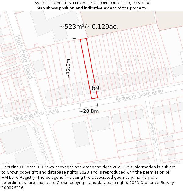69, REDDICAP HEATH ROAD, SUTTON COLDFIELD, B75 7DX: Plot and title map