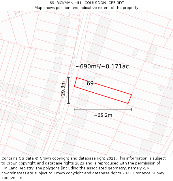 69, RICKMAN HILL, COULSDON, CR5 3DT: Plot and title map