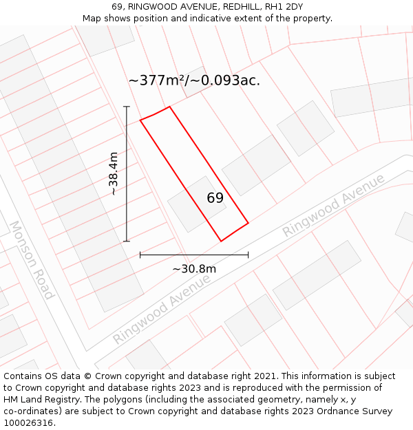 69, RINGWOOD AVENUE, REDHILL, RH1 2DY: Plot and title map